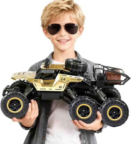 SULIFEVIP 1:12 Gold RC Cars Large 6 Wheels RC Monster Truck 46CM 2.4GHZ Remote Control Car 4WD Off-Road Radio Controller Cars Monster Truck, Metal Shell with 2 Batteries For Kids,Multiplayer Play