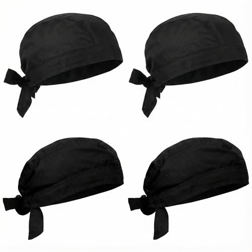 VertexOval 4 Gorros Cocinero Estilo Pirata Negro, Bandana Chef Ajustable a Tiras, Gorro Cocina Transpirable Unisex para Restaurante Sushi Hostelería - Negro