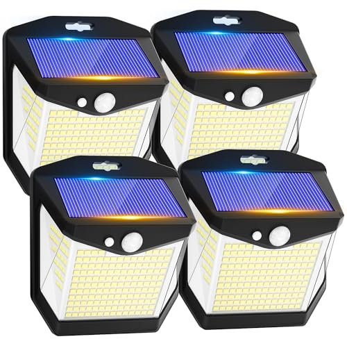 Outdoor Solar Lights Motion Sensor 248 LED Solar Security Lights with 3 Modes & 270° Wide Angle IP65 Waterproof Warm White Solar Powered Wall Lights for Garden Fence Door Yard Garage Driveway 4 Pack