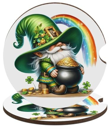 Posavasos para Coche con diseño de Duende, Olla de Oro, arcoíris y tréboles para el Día de San Patricio, 2 portavasos Antideslizantes, Accesorios para la mayoría de vehículos.