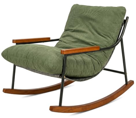 GoDyna Rocking Chair Upholstered Armchair with Soft Cushion & Lumbar Pillow, Ergonomic Leisure Rocker with Wooden Legs, Comfortable Lounge Chair for Living Room, Bedroom (Green)