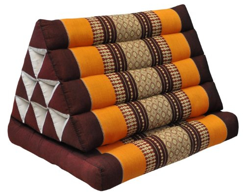 Wilai Kapok Thaikissen, Yogakissen, Massagekissen, Kopfkissen, Tantrakissen, Sitzkissen - Braun/Orange (Dreieck mit 1 Auflage - 52x35x45)