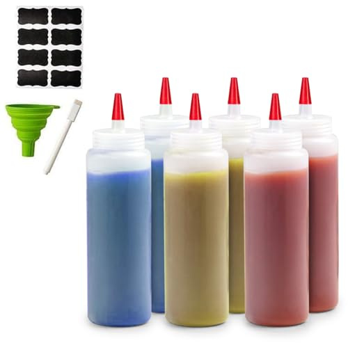 Bellemain 6-Pack Condiment Squeeze Bottles for Sauces - Includes Funnel, Erasable Marker & Reusable Labels, Perfect for Salad Dressings, Liquids, and Ketchup, Durable Plastic 16 oz Bottles
