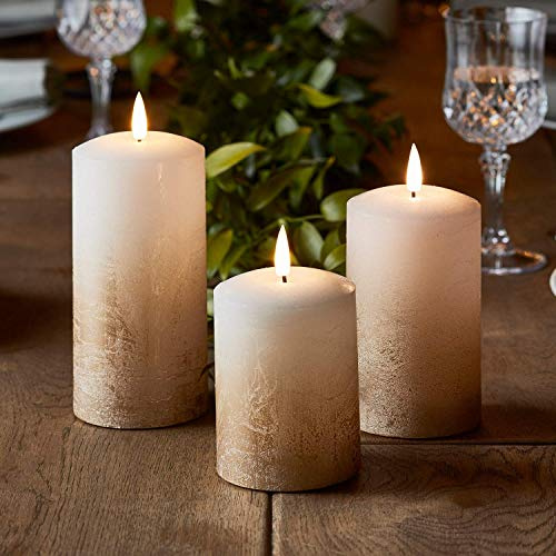 Lights4fun Set of 3 TruGlow® Pillar Candles Battery LED Flameless Gold Ombre Real Wax Autumnal Decoration Remote & Timer