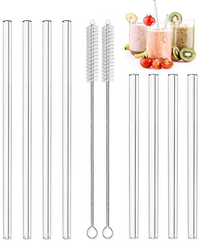 LessMo 4 Pezzi 15cm + 4 Pezzi 21,5cm Cannucce in Vetro Riutilizzabili - LFGB Certificate Cannucce in Vetro con 2 Spazzole per la Pulizia, Antideflagranti, Ecologiche, Senza BPA, per Cocktail