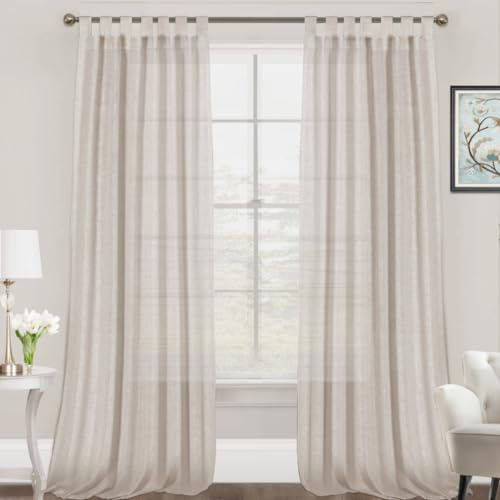 FantasDecor Linen Sheer Curtains 108 inch Length 2 Panels Tab Top for Living Room Bedroom Light Filtering Window Drapes Neutral Country Rustic Farmhouse Boho Shades, Angora