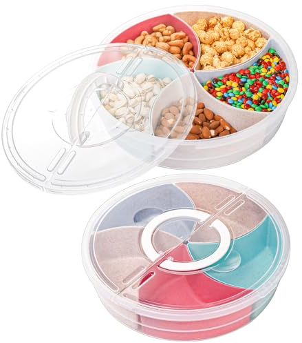 Cedilis 2 Stück Snack-Serviertablett mit Deckel, 30,5 cm Obst-Servierbehälter, 5 Bunte Fächer, unterteilte Kunststoff-Lebensmittelaufbewahrung, Organizer für Snacks, Süßigkeiten, Nüsse, Picknick