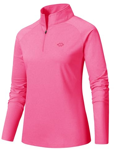 AjezMax Damen Langarmshirt Sport Poloshirt 1/5 Zip Trainingstop Gym Jogging Trainingsshirt Schnelle trockene Jacke Shirt Rot Größe M