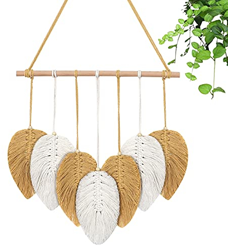 Weldomcor Tapiz de Pared Tejido, Tapiz de Macramé de Plumas Boho Hoja Hecho a Mano DecoracióN de Macramé Dormitorio Sala de Estar Apartamento, Amarillo