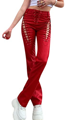 ORANDESIGNE Pantalones de Cuero Sintético para Mujer de Cintura Alta Sexy Góticos Punk Y2K Streetwear Pantalones Recto de Ajuste Delgado Ropa de Club B Rojo XS