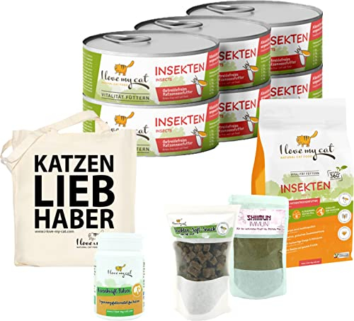 I Love My Cat Sparset für Burma-Katze – Getreidefreies Nassfutter 6 × 100 g, Soft-Snacks mit Insekten 50 g, Shiimun Skin mit Shiitake 50 g, Dental Pulver 35 g & Nierenkraft Pulver 35 g