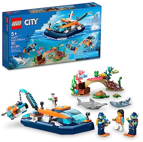 LEGO City Explorer Diving Boat 60377 Ocean Building Toy, Includes a Coral Reef Setting, Mini-Submarine, 3 Minifigures and Manta Ray, Shark, Crab, 2 Fish and 2 Turtle Figures