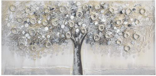 Home Selections Hand Painted Silver Tree 3D Wall Art - Large Modern Picture Ready to Hang - Silver Canvas 100x50cm