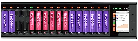LIMETA R16 16-Slot Smart Fast Battery Charger, Universal for AA & AAA Batteries with Li-ion, High-Voltage Li-ion, Ni-MH, Ni-CD Batteries, USB Type-C Charging, LCD Display, Discharge Analysis Function