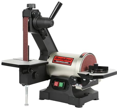 BUCKTOOL Levigatrice a nastro da banco da 250 W, cinghia 25,4 x 762 mm e chiave a disco da 127 mm per riporre e coprire facilmente la cintura, per la lavorazione del legno