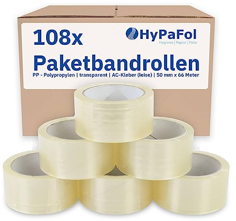 Hypafol Klebeband transparent I 108 x geräuscharmes Paketklebeband, 50mm x 66m I 76mm Durchmesser, für Handabroller geeignet I recyclebares Polypropylen-Paketband I sicherer Verschluss & feste Haftung