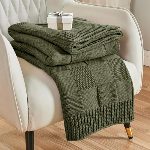CozeCube Check Knit Throw Blanket, Olive Green Checkered Throw for Couch, Decorative Christmas Soft Cozy Warm Knitted Blanket for Bed Sofa Living Room, 50X60