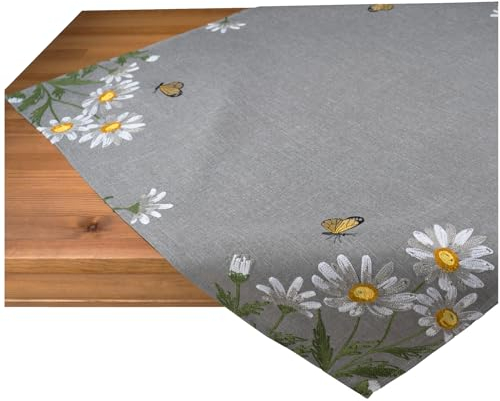 Tischdecke Leinen-Optik Bestickt Deko Esszimmer Serie Margariten Blumen Tischwäsche grau Stickerei Schmetterling Tischdeko Frühling Typ886 Mitteldecke 85x85 cm weiß gelb