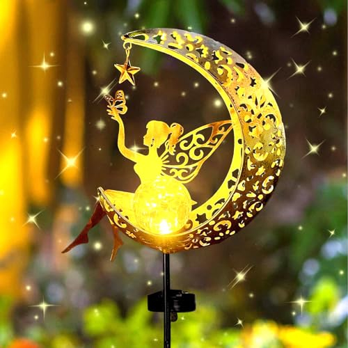 Lampes solaires de jardin - Elfe - Fée fleur - Étanche - En métal - Pour l'extérieur - Lune - Décoration de jardin - Lampes solaires pour l'extérieur