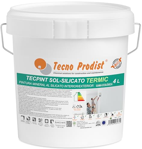 Tecno Prodist TECPINT SOL-SILICATO TERMIC (4 Litros) Pintura al silicato ecológica, mineral, interior - exterior al agua, 100% Natural, Paredes y Techos, Transpirable - térmica (BLANCO)