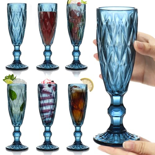 Kawlity 6Pcs Vintage Blue Champagne Flutes, Glass Wine Glasses Set, Drinking Goblet Glasses Wedding Glassware for Christmas, New Year, Birthday, Parties, Anniversary（5 OZ）