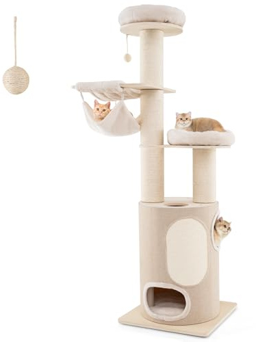 COSTWAY Kratzbaum Groß, Katzenbaum mit 2-stöckiger Kratztonne, 2 Hängematten, abnehmbarem Bett, Sisalbrett, Spielball, Katzenkratzbaum Katzen Katzenmöbel, Kletterbaum Aktivitätsbaum, Holz, Natur