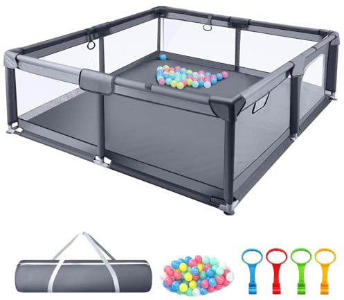 Supernic Baby Playpen for Babies and Toddlers with Mesh Walls, Ocean Balls & Pull Rings Included, for Indoor & Outdoor Use, Toddler Fence - Breathable Mesh, Extra Large Play Yard (Grey, 180x150cm)