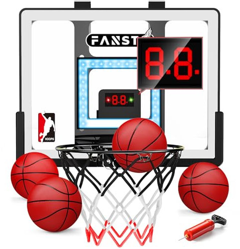 Indoor Basketball Hoop for Kids, Over the Door Mini Basketball Hoop With LED Lighting, Anti-impact, 2 Game Mode & Mute Mode, Door Room Basketball Toy Gift With 4 Ball for 5 6 7 8 9 10 11 12 Old Boys