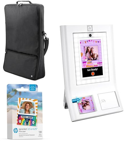 HP Sprocket Fotobox-Maschine Sofort-Farb-Fotodrucker (Weiß) Starter-Paket + Zink-Papier (100 Blätter) + Gepolsterte Tragetasche