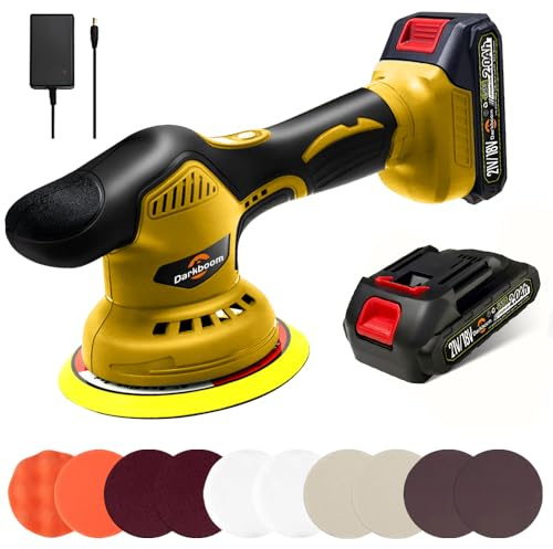 Darkboom Pulidora de búfer inalámbrica de 6 pulgadas con 2 baterías recargables de 20 V y 2.0 Ah, compatible con Dewalt, y 1 cargador adaptador, 6 lijadoras inalámbricas de velocidad variable de 5500