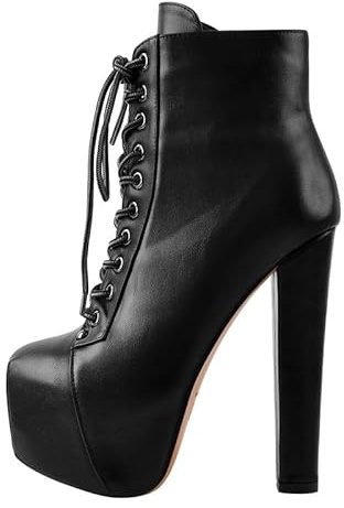 blingqueen Botines para mujer con cordones con plataforma tacón de bloque, Negro liso, 46 EU