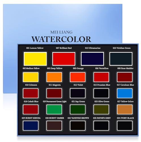 MEI LIANG Set di 24 colori di acquerello in design completo con 4 colori primari extra grandi. Altamente pigmentato, vaschette rimovibili. Ideale per principianti, artisti e pittura ad acquerello