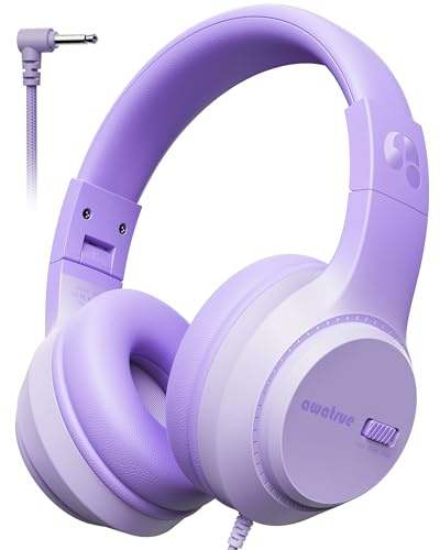 awatrue Kinder Kopfhörer, 74/85/94dB Sichere Lautstärke Kopfhörer Kinder mit Kabel, Stereo Sound, Faltbare, 3.5 mm Jack Over Ear Kinderkopfhörer für Ipad, Tablets, Schule, Reisen (Violett)