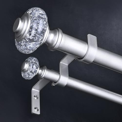 Wolistsa Silver Double Curtain Rods for Windows 66 to 120 Inch, 1 Adjustable Decorative Crystal Long Dual Curtain Rod, Heavy Duty Vintage Double Drapery Pole with Silver Foil Finials for Living Room