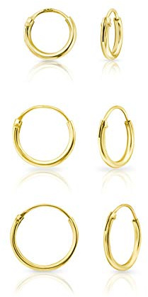 DTPsilver® 3 Paires de Boucles d'oreilles MINI Créoles en Argent Fin 925 Plaqué Or Jaune - Épaisseur 1.5 mm, Diamètre 8, 10, 12 mm