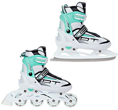 Raven - Pattini a rotelle per bambini, ragazze, adulti, bambini - Pattini a rotelle 2 in 1 con pattini da ghiaccio - Regolabili - Profession White/Mint, 31-35 (20,5-23cm)
