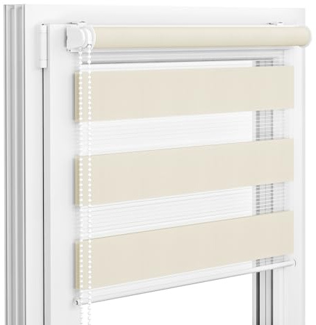Victoria M. Zevra Doppelrollo Duorollo, Klemmrollo ohne Bohren & mit Bohren für Fenster und Türen, Klemmfix Duo Rollo Fensterrollo Lichtdurchlässige/Verdunkelnde Streifen, 80 x 230 cm, Creme