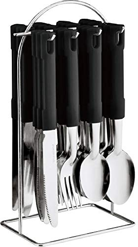 24pc Black Cutlery Dinner Tableware Set - Stainless Steel | with Metal Hanging Stand, Forks Tea Spoons | Dishwasher Safe & Easy Clean | Suitable for Home, Kitchen, Restaurant, Catering