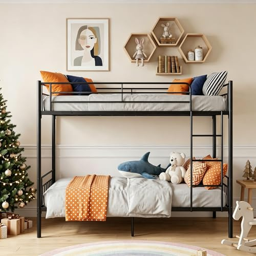 Panana Twin Over Twin Bunk Beds, Modern 3FT Single Metal Bed Frame Home Sleep For Kids/Adult Children Bed Frame With Stairs (Black)