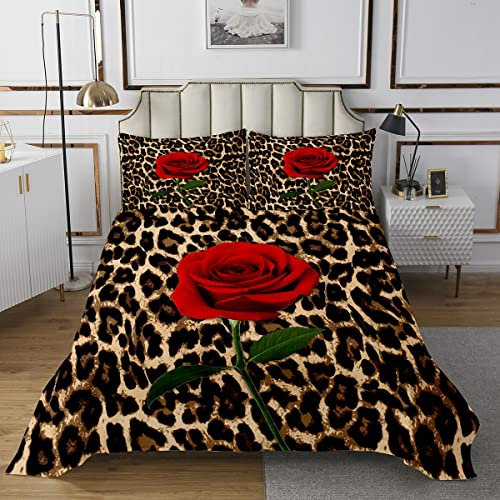 feelingyou Leopardenmuster Tagesdecke 220×240 cm,Red Rose Flowers Blumen Bett-/Sofabezug 3-teilig für Mädchen Teens,Wild Tropical Cheetah Quilted Tagesdecke mit 2 Kissenbezügen, Weiches Polyester