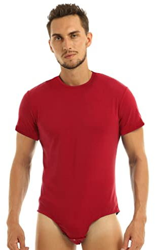 Yeahdor Herren Body Einteiler Overall Kurzarm Bodysuit Sportbody Unterhemd mit Knöpfen Sport Shirt Unterwäsche Clubwear A Rot XL
