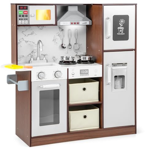 COSTWAY Juego de Cocina Juguete para Niños, Cocinita Infantil de Juguete con Luces y Sonidos Atractivos, Campana Extractora y Microondas, Máquina de Hielo y Pizarra, Fregadero, Toallero