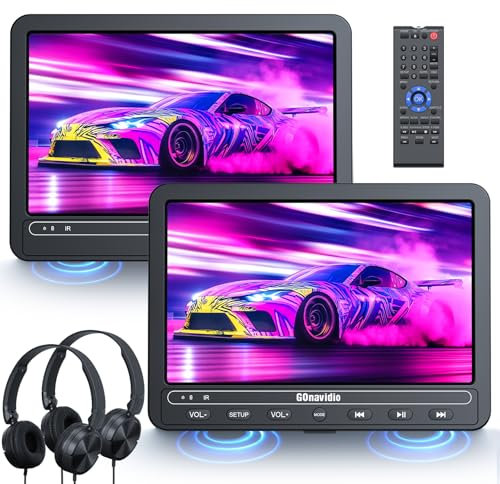 GOnavidio 10,5 DVD Player Auto 2 Bildschirme Mit 5 Stunden Akku, 2 Kopfhörern, Tragbarer DVD-Player Auto Fernsehen für Kinder TV, Unterstützt USB/SD, Regionsfrei (1 Player + 1 Monitor)