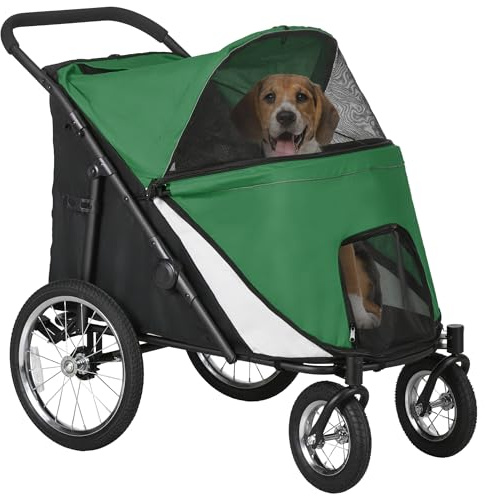 PawHut Large Dog Stroller with Safety Leashes for Large Pets, Green | Dog Pram, Foldable Pet Pushchair