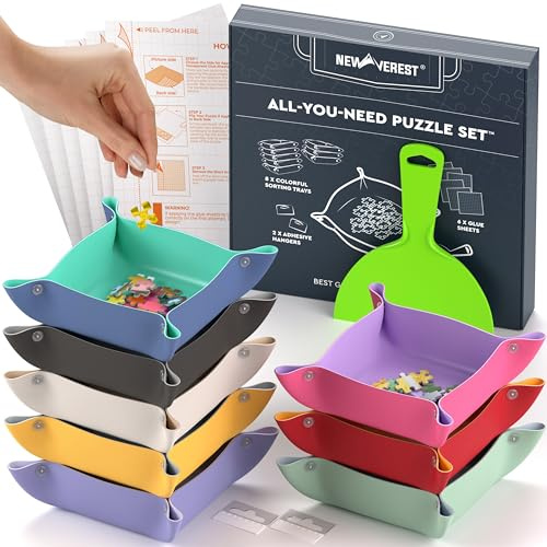 Newverest Set Puzzle Tout-en-Un - 8 Plateaux de tri (Jusqu’à 2000 pièces), 6 Feuilles adhésives, 1 grattoir, 2 Crochets adhésifs et Coffret Cadeau | Kit Essentiel pour Amateurs de Puzzles