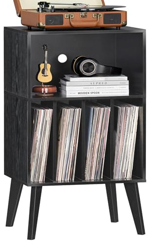 Supporto per giradischi, supporto per giradischi con spazio per fino a 160 album, tavolo portadischi in vinile Mid-Century con gambe in legno, scaffale armadio per giradischi, nero, tavolino