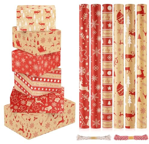 CHEPULA Geschenkpapier Weihnachten 6 Rollen, 300cm x 43cm Weihnachtspapier Recycelbares, Nature Kraftpapier Weihnachtsgeschenkpapier, Weihnachts Geschenkpapier Kinder Geschenkverpackung für Geschenk