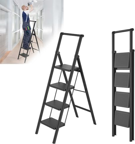 Froadp Trittleiter 4 Stufen Klappbar rutschfeste Stehleiter Eisen Klappleiter Multifunktionale Leiter mit Handlauf Tritthocker Haushaltsleiter für Haus Küche und Außenbereich Belastbar bis 250 kg