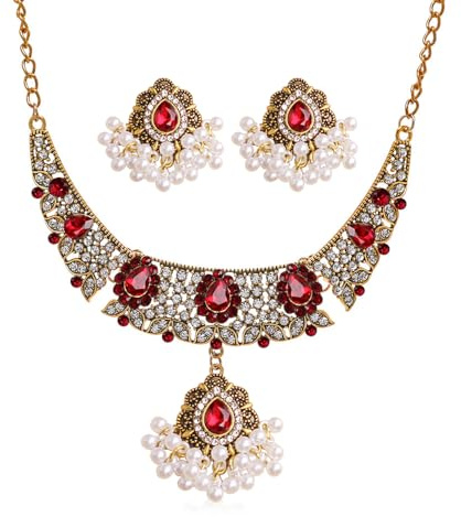 FDEETY 2 Piezas Conjunto Collar Pendientes Gota Cristal Perlas Decorativas Joyería Elegante Mujer Adorno Ceremonial Estilo Tradicional Dorado