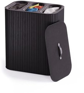 Joseph Joseph Tota Trio Luxe 90L Bamboo Laundry Basket, 3x 30L Compartments, Removable Bags, Carbon Black
